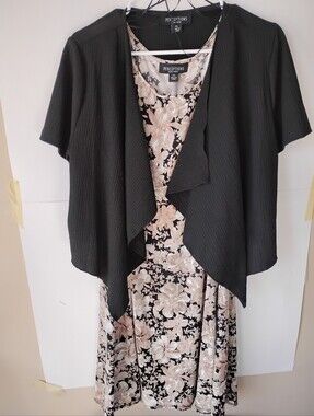 Perceptions Black Floral Dress with Beige Floral Print and Black Open Cardigan